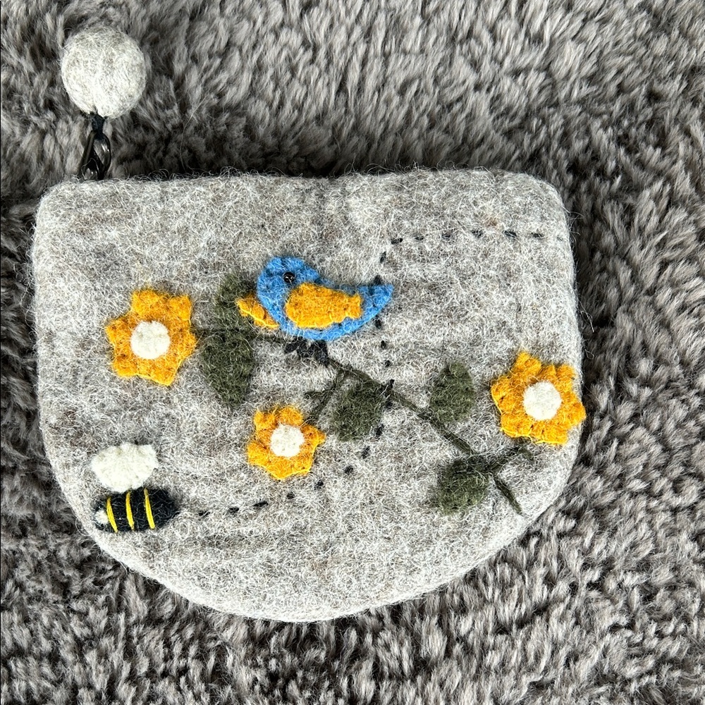 Gray Felt Clutch with Floral and Bird Design